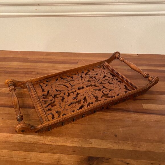 Wooden Serving Tray Rectangular Carved Decorative Leaf Ornate Design Wooden Tray - Picture 1 of 6